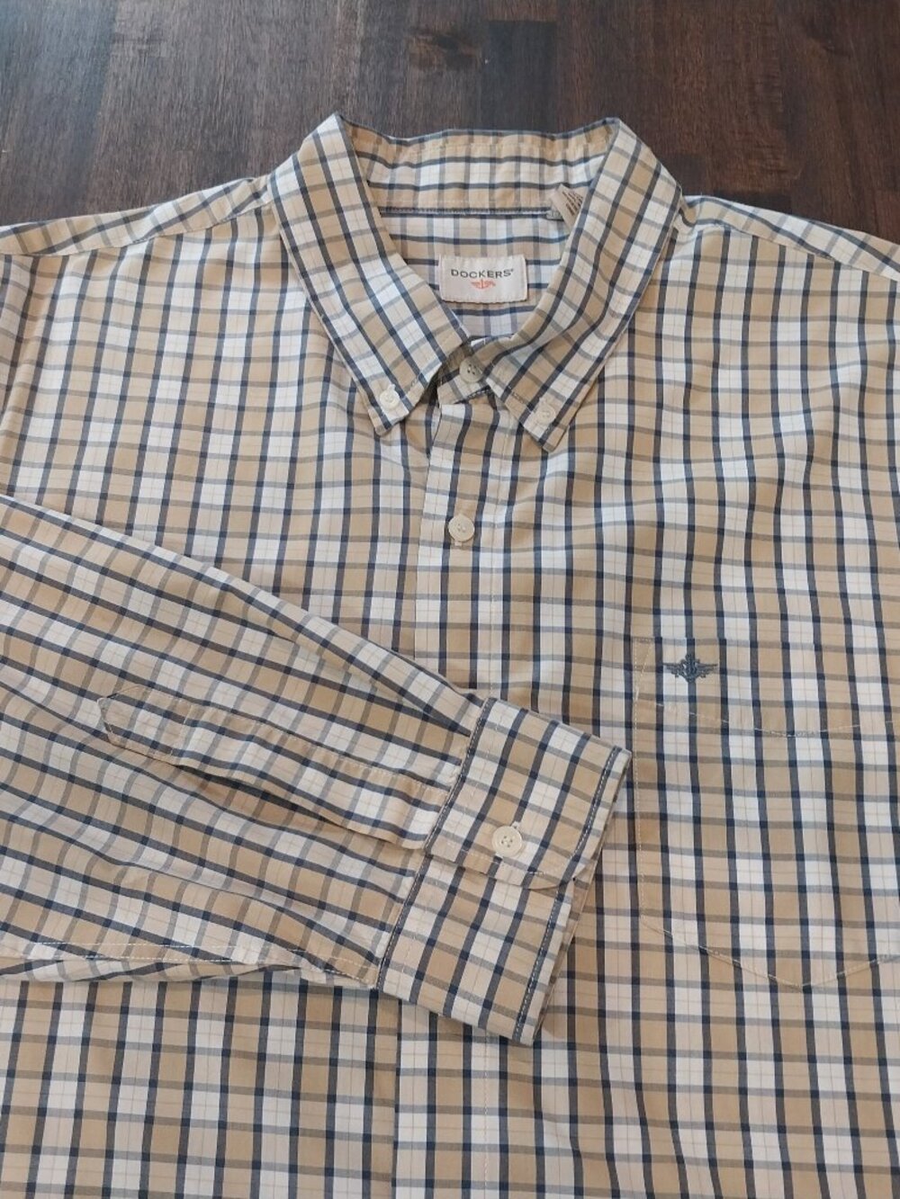 Dockers Button Up Shirt Mens XXL Blue Beige Plaid Long-Sleeve Cotton Blend